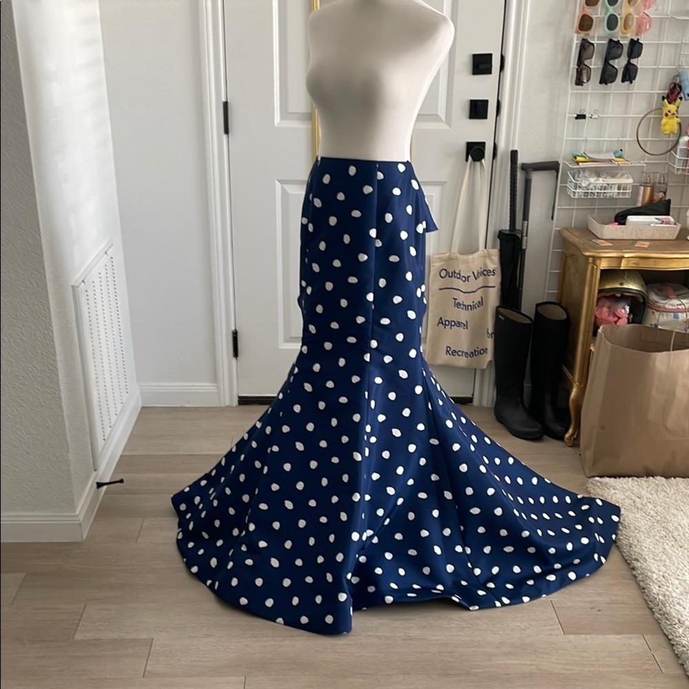 Sherri Hill Formal Blue Trumpet Skirt with White Polka Dots & Cascading Ruffles